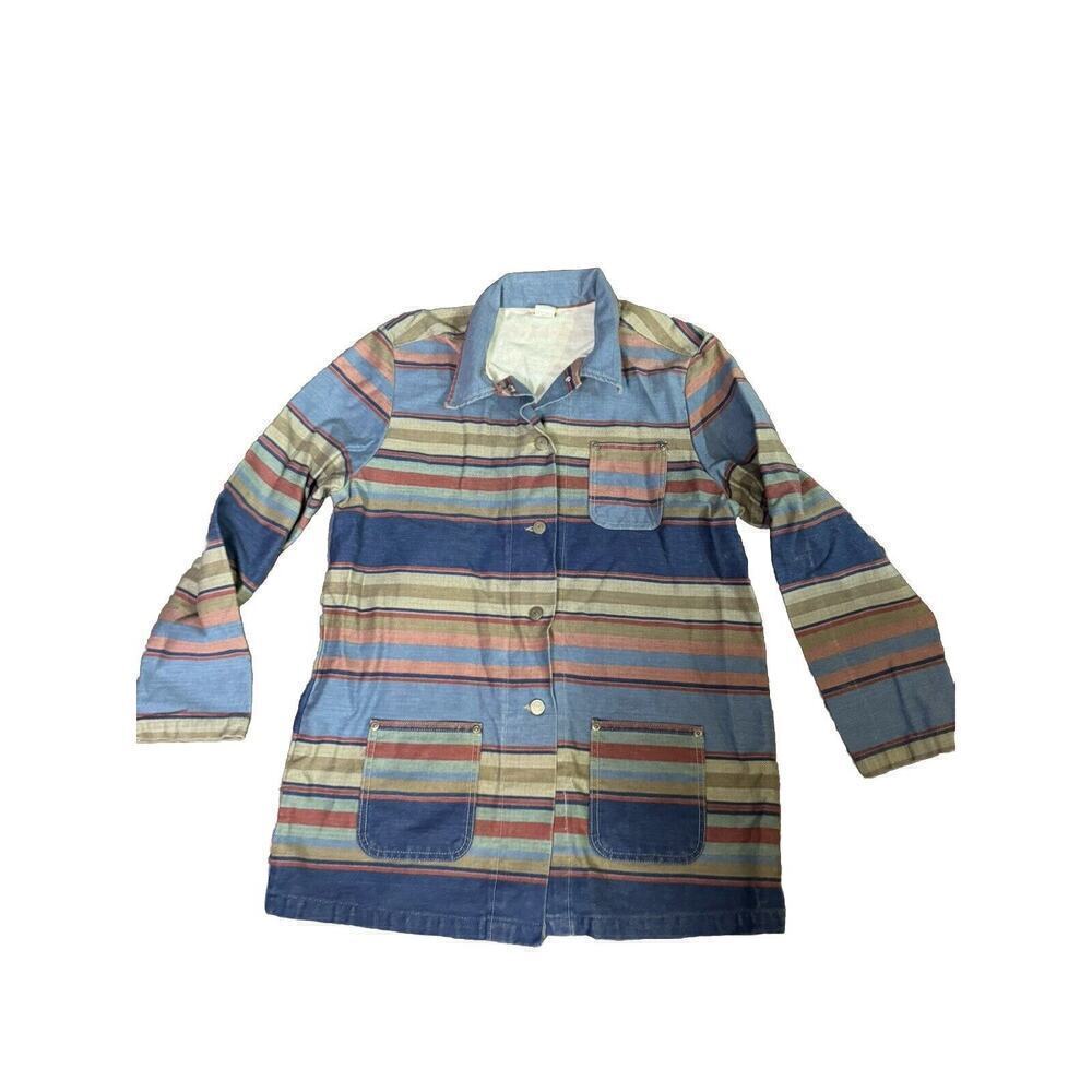Vintage Vivaldi Shirt Women Large Striped Denim Button Up Long Sleeve Top Cotton